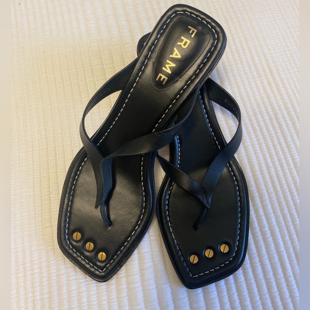 Frame Denim Black Strappy Leather Sandal with Gold Studs
